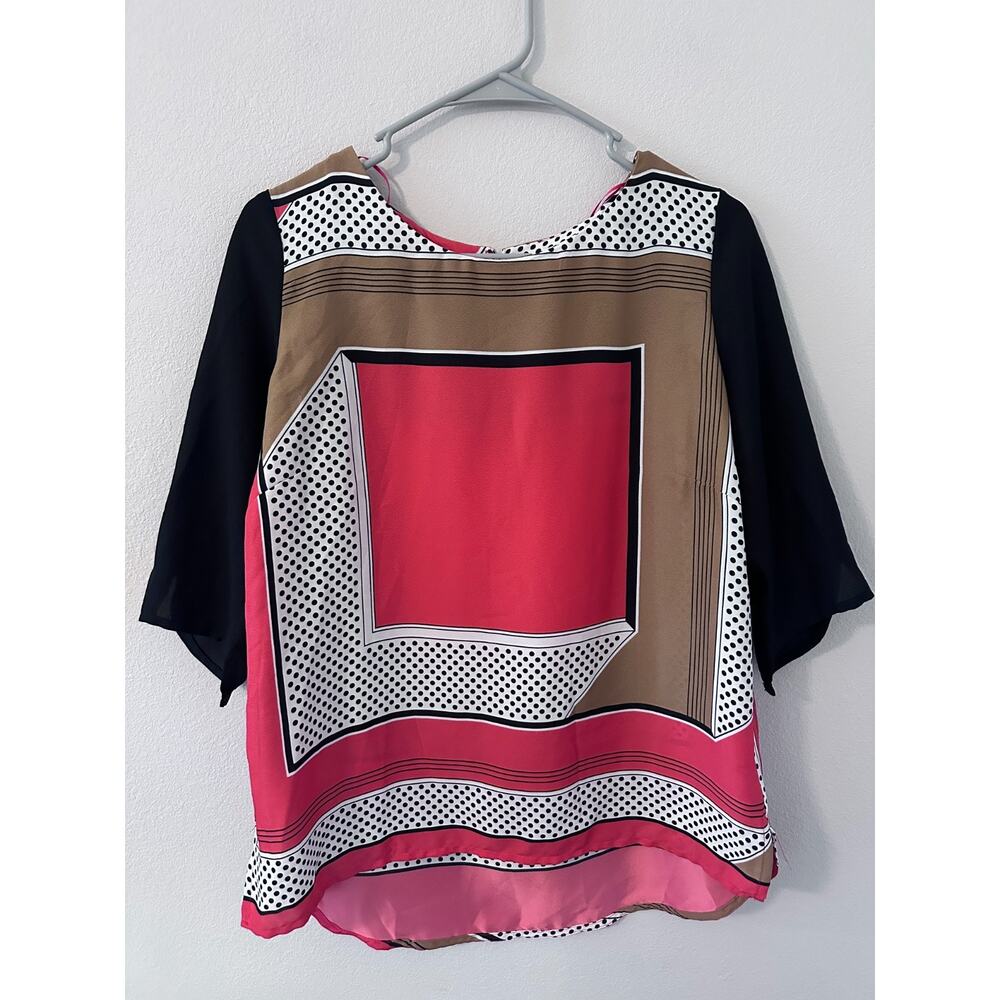 MNG‎ Collection Blouse Size 6 3/4 Sleeves abstract dopamine y2k red brown black
